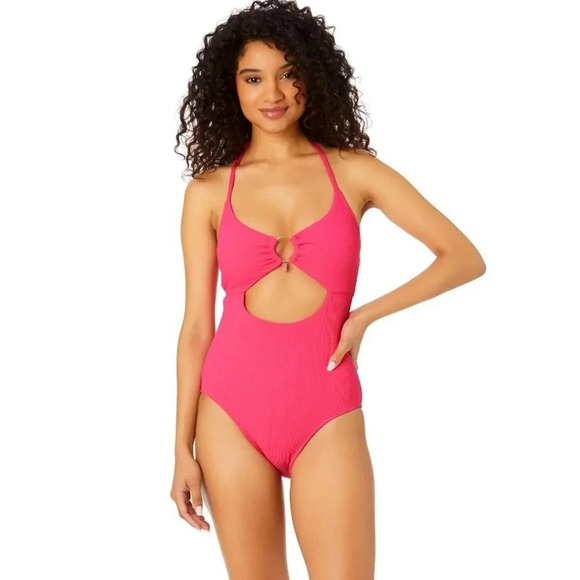 Celebrity Pink Textured One Piece Halter Swimsuit, Dragon Fruit Juniors Size S - Picture 1 of 10